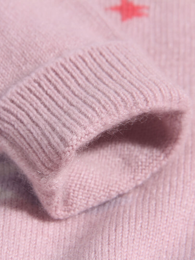 Pink Bunny and Star Pattern Girls Cashmere Crewneck Sweater